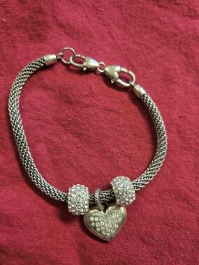 Brighton Silver-Tone Heart Charm Bracelet with Crystal Pavé Beads